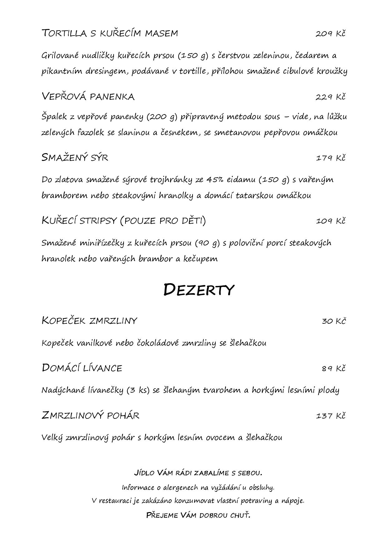 Stálé menu Vašírovský dvůr